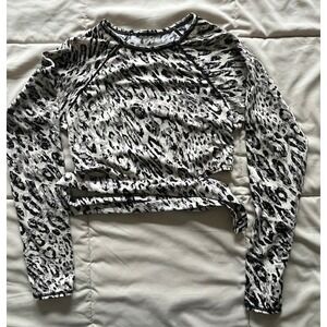 All Motion S Cropped Tie Back Swim Surf Rash Guard Top Long Sleeve Animal Print